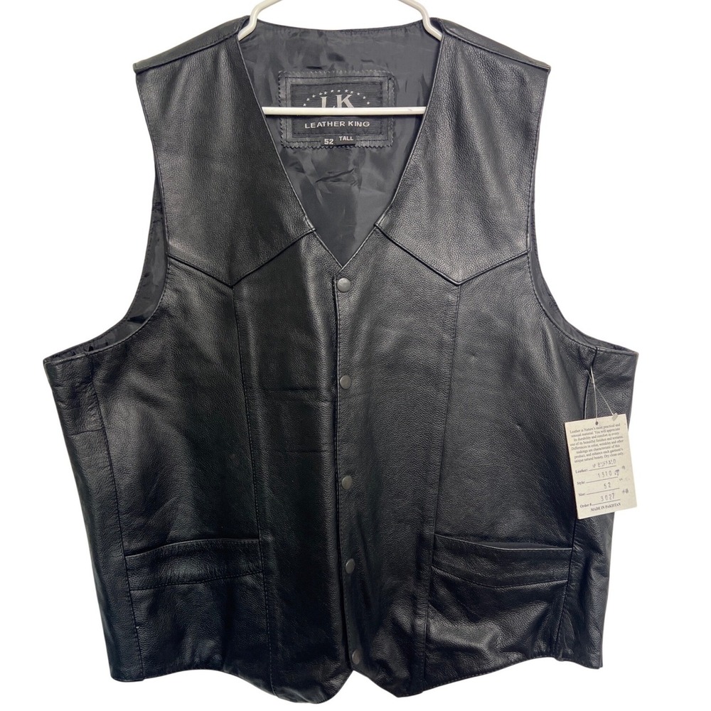 Leather King Men Black Buffalo Leather Biker Vest 52 Tall Snap Rocker Punk NEW